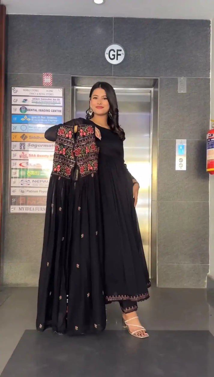 Black Colour Faux Georgette Thread Work Gown With Shrug
